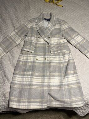Double-Breasted Plaid Pea Coat in Light Gray & White
